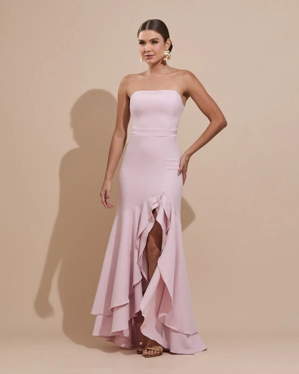 Vestido Longo com Fenda de Babados Alfaiataria Rosa Claro
