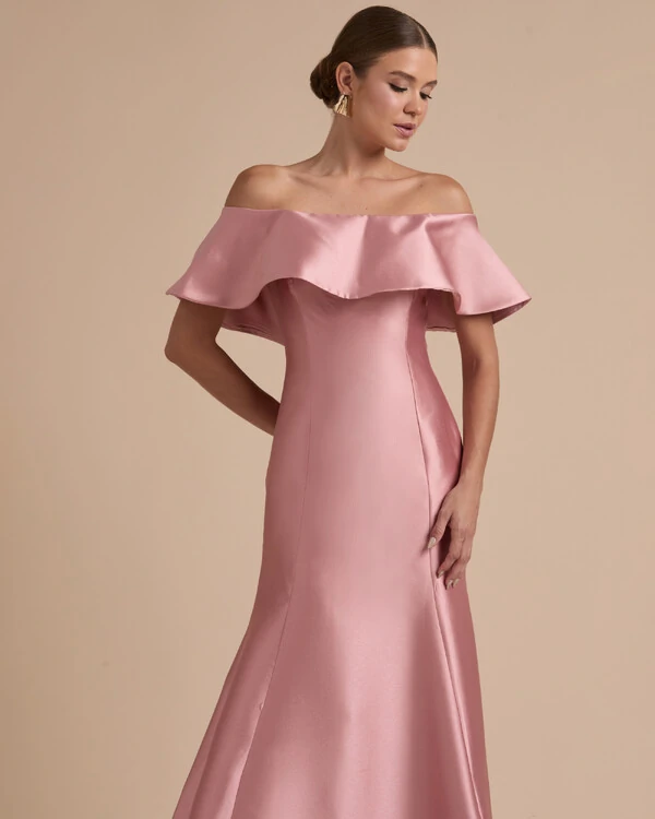 Vestido de Festa Longo Zibeline Ombro a Ombro com Babado Rose