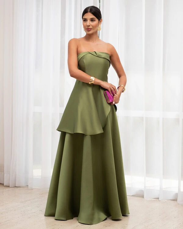 Vestido de Festa Zibeline Tomara que Caia com Recortes e Camadas Verde Oliva