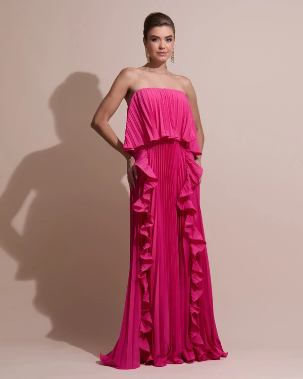Vestido de Festa Longo Crepe Chiffon Tomara que Caia Plissado com Babado Cascata Pink New