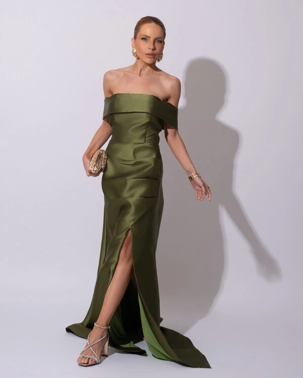Vestido de Festa Longo Zibeline Ombro a Ombro Drapeado e Fenda Verde Oliva
