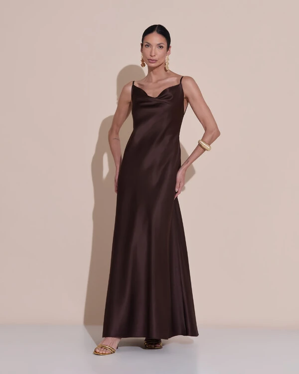Vestido de Festa Midi Fivela Costas Cetim Marrom