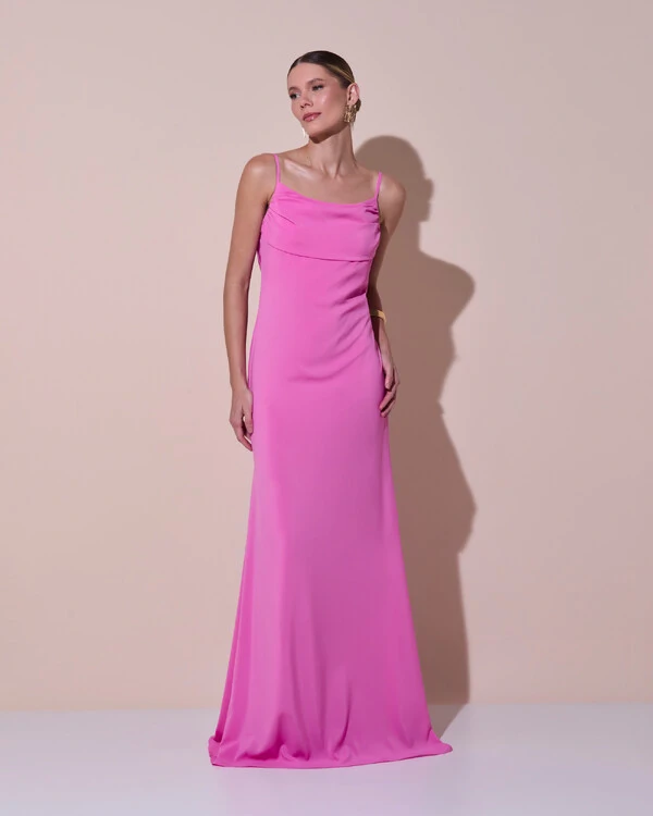 Vestido de Festa Longo Crepe Chiffon Costas Lenço Cauda Rosa New
