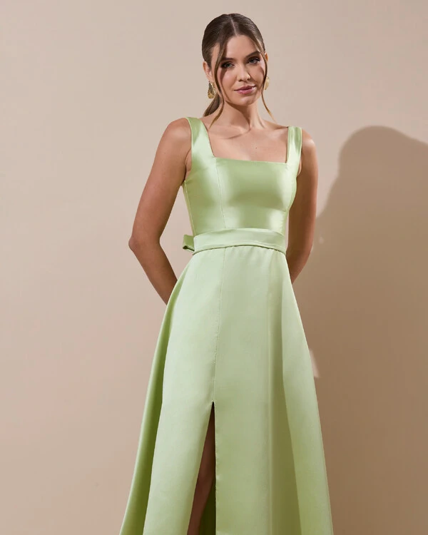Vestido de Festa Longo Zibeline com Fenda e Faixa Verde Lima New