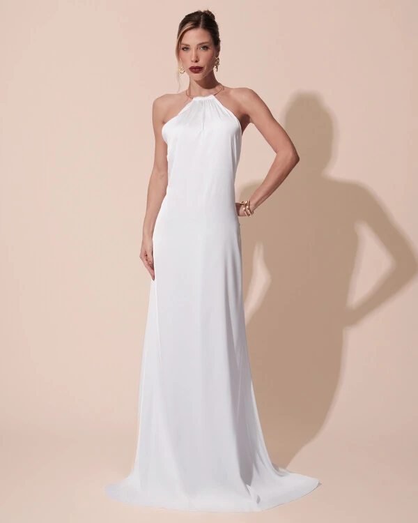 Vestido de Festa Longo Cetim Fluido com Argola Frente Única Branco