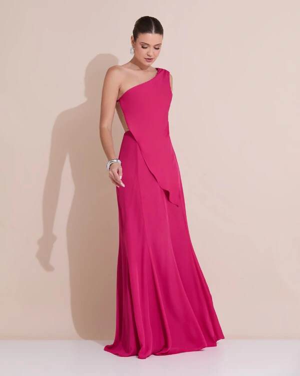 Vestido de Festa Longo Um Ombro Só Crepe Chiffon Lenço Pink Escuro