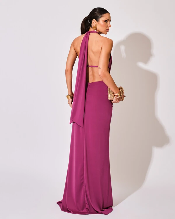 Vestido de Festa Longo Malha Jersey Gola Alta Saia Sereia Fúcsia Beterraba