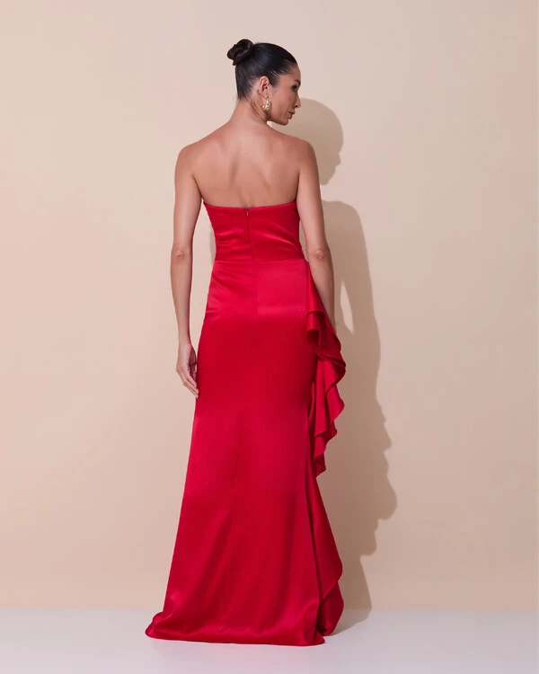 Vestido de Festa Longo Tomara que Caia Cetim Babado Fenda Vermelho