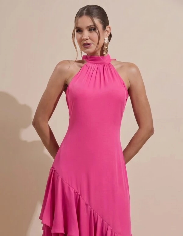 Vestido de Festa Longo Chiffon Crepe Gola Alta Babados Pink New