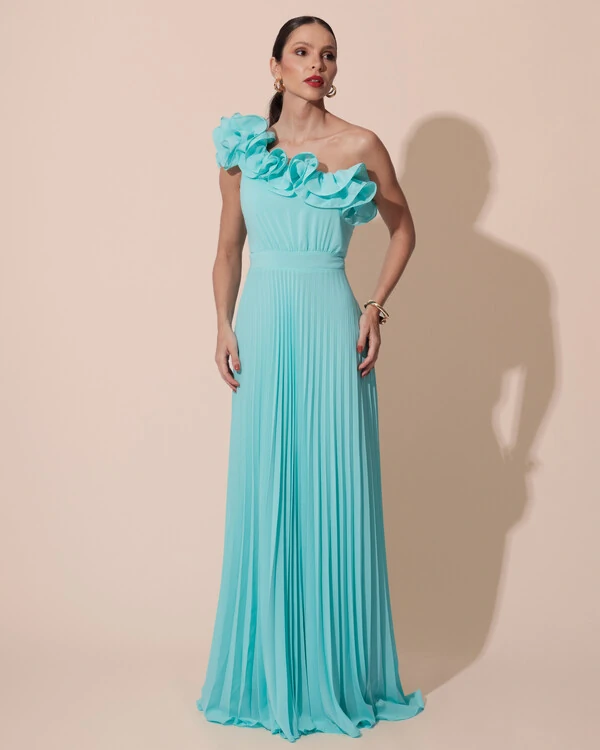 Vestido de Festa um Ombro Só Flor Saia Plissado Tiffany