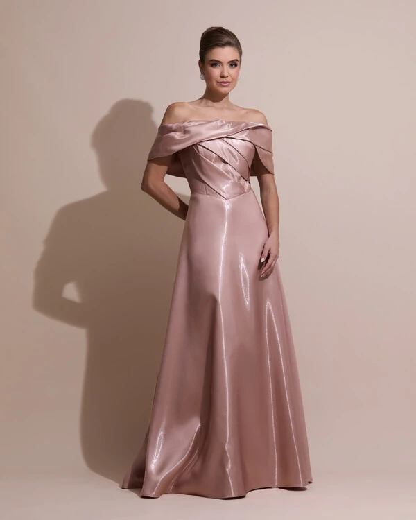 Vestido de Festa Longo Cetim Cristal Ombro a Ombro Drapeado Mocha Mousse