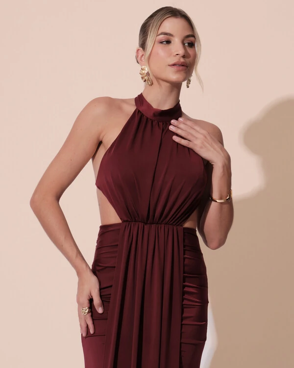 Vestido de Festa Longo Malha Jersey Gola Alta Saia Sereia Marsala