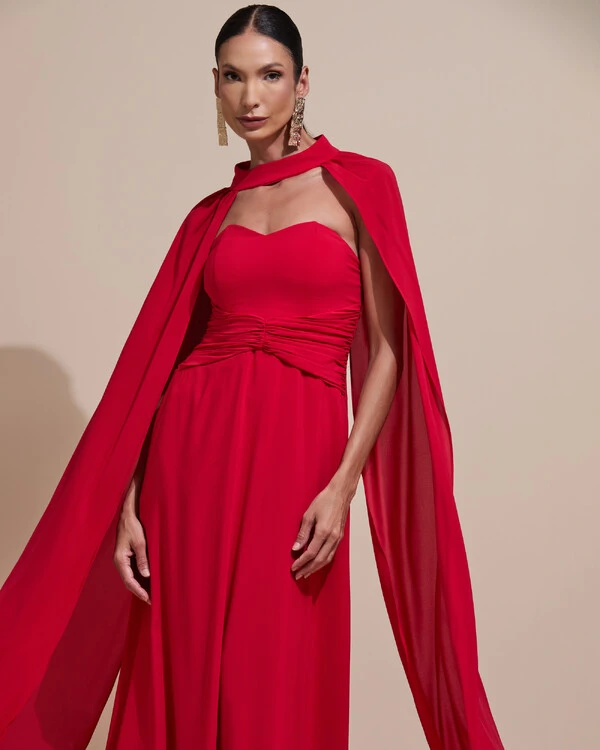 Vestido de Festa Longo Tomara Que Caia Crepe Chiffon Drapeado Capa Vermelho
