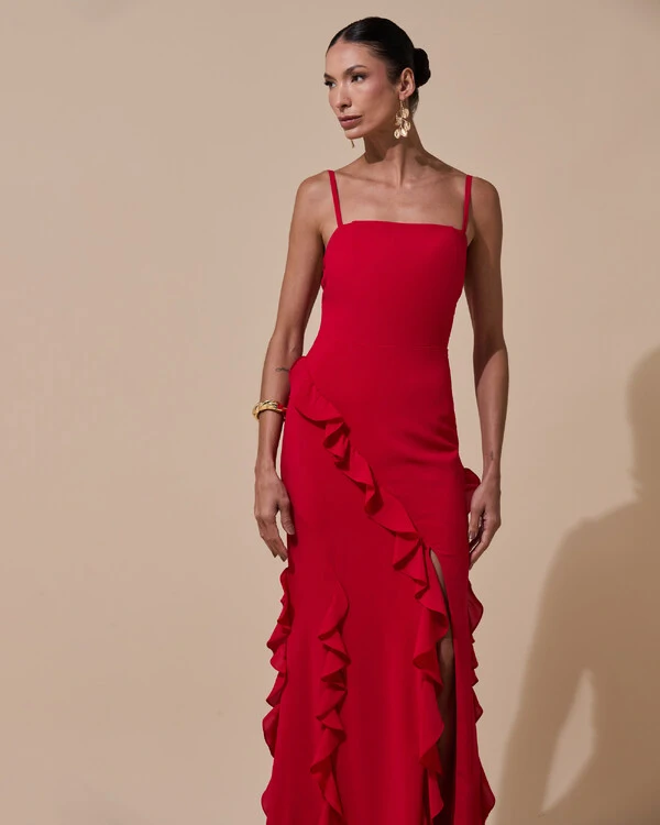 Vestido de Festa Longo Alças Finas Crepe Chiffon Babado Cascata Fenda Costas V Vermelho