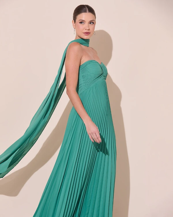 Vestido de Festa Longo Tomara que Caia Plissado com Lenço Verde Matcha Escuro
