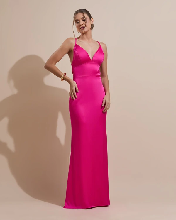 Vestido de Festa Longo Costas Abertas Laço Cetim Decote V Pink