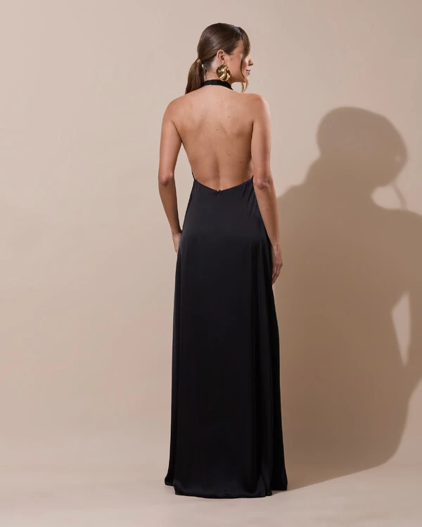 Vestido de Festa Longo Frente Única Degagê Cetim Fluido Preto