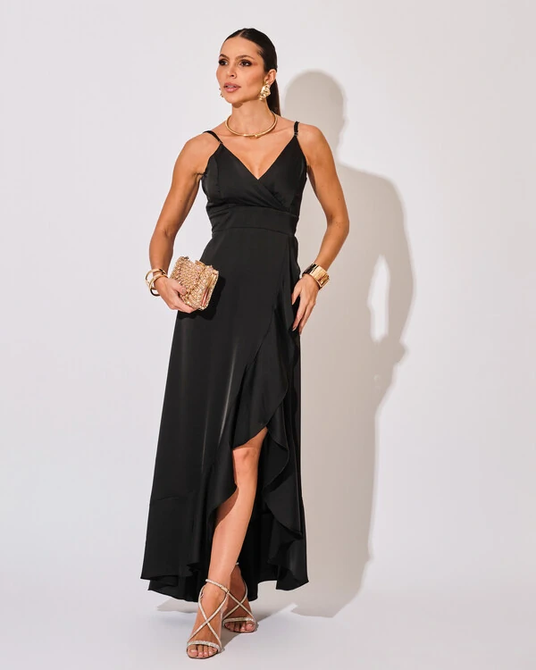 Vestido Midi Babado Acetinado Preto