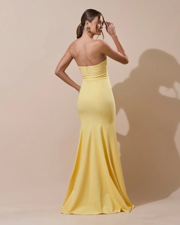 Vestido de Festa Longo Alfaiataria Tomara que Caia Saia Sereia Azul Amarelo Manteiga