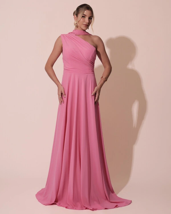 Vestido de Festa Longo Crepe Chiffon Um Ombro Só Drapeado com Lenço Rosa