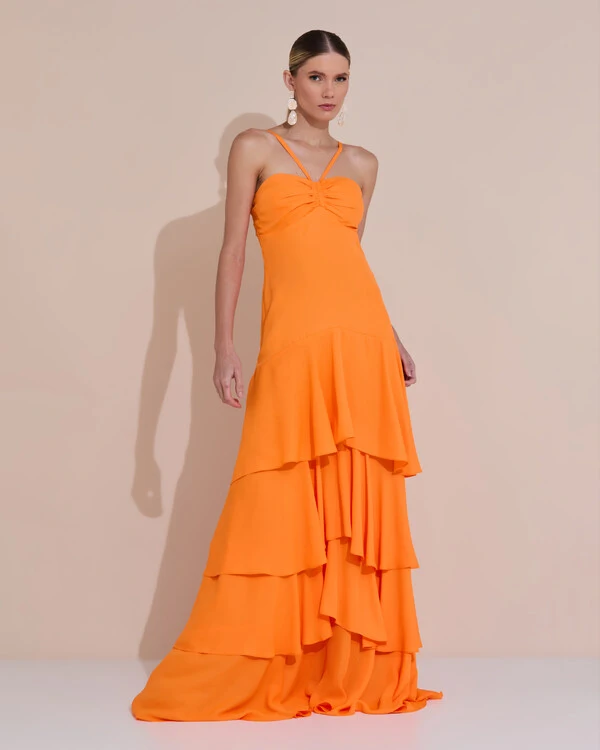 Vestido Longo Crepe com Babado em Camadas Laranja