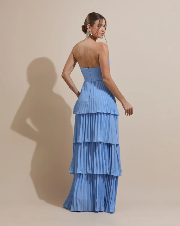 Vestido de Festa Longo Tomara que Caia Crepe Chiffon Plissado Camadas Azul Serenity