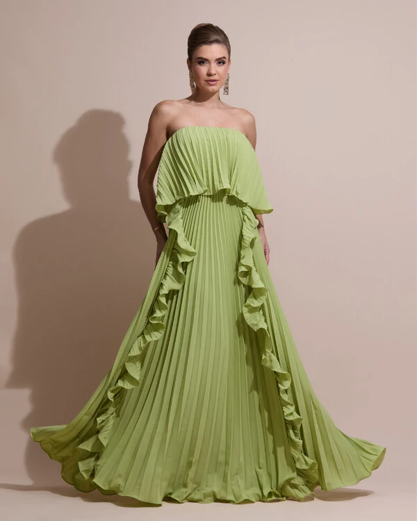 Vestido de Festa Longo Crepe Chiffon Tomara que Caia Plissado com Babado Cascata Verde Garden