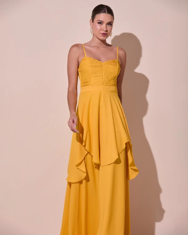 Vestido de Festa Longo Decote Coração Plissado Crepe Chiffon Babados Cascata Laranja Manga New
