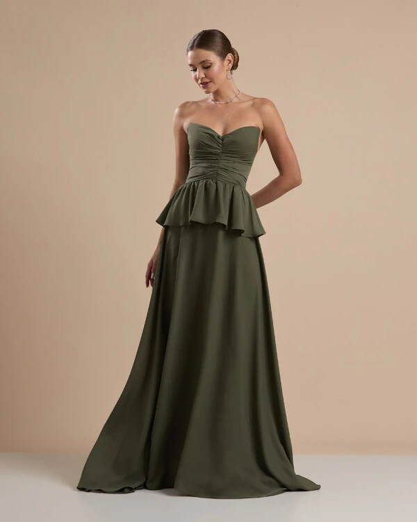 Vestido de Festa Longo Crepe Chiffon Tomara que Caia Peplum Drapeado Verde Oliva