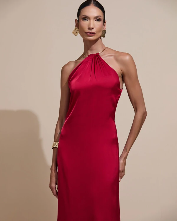 Vestido de Festa Longo Cetim Fluido com Argola Frente Única Marsala