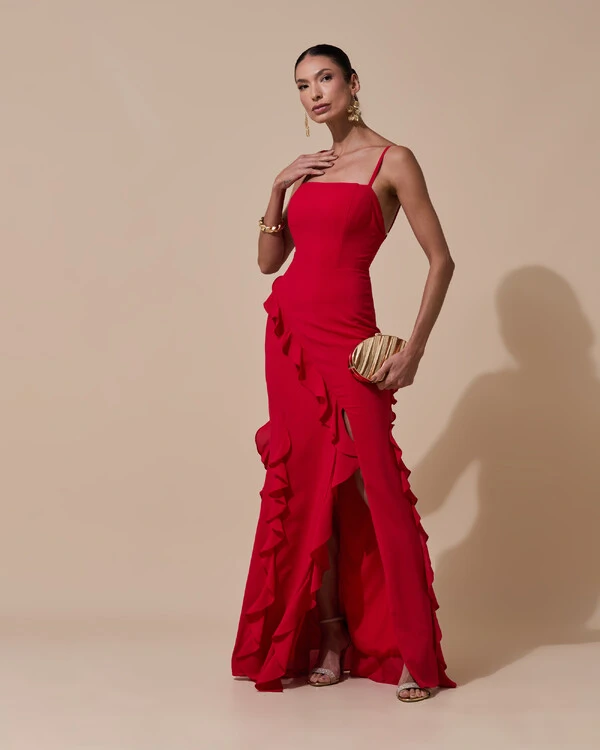 Vestido de Festa Longo Alças Finas Crepe Chiffon Babado Cascata Fenda Costas V Vermelho