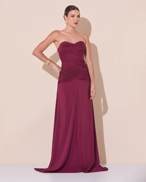 Vestido de Festa Longo Decote Coração Crepe Chiffon Drapeado Plissado Lenço Marsala
