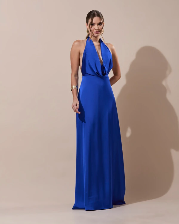 Vestido de Festa Longo Frente Única Degagê Cetim Fluido Azul Royal