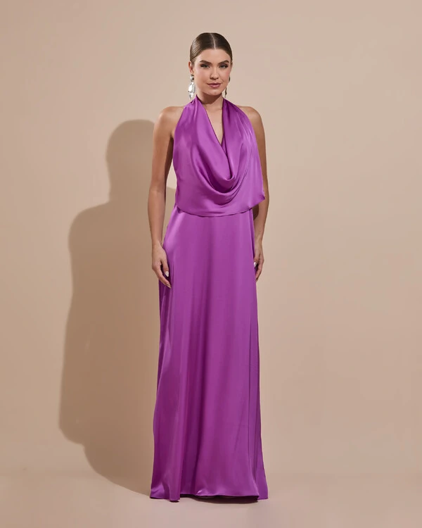 Vestido de Festa Longo Cetim Fluido Frente Única Degagê Mil Formas Fúcsia