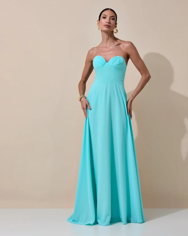 Vestido de Festa Longo Tomara que Caia Crepe Chiffon Decote Coração Lenço Tiffany