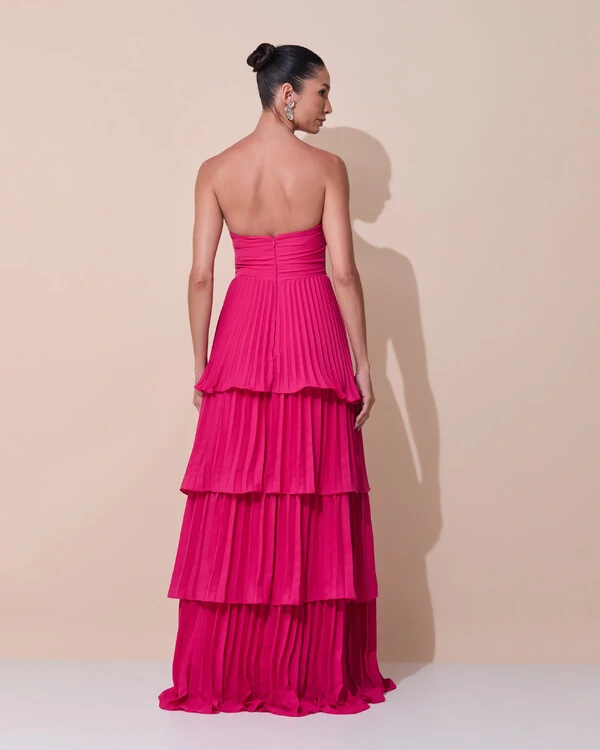 Vestido de Festa Longo Tomara que Caia Crepe Chiffon Plissado Camadas Pink Escuro