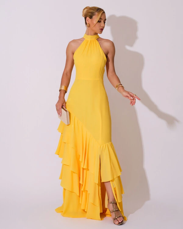 Vestido de Festa Longo Chiffon Crepe Gola Alta Babados Amarelo