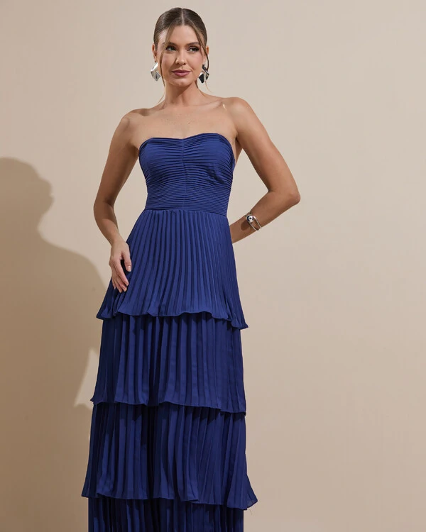 Vestido de Festa Longo Tomara que Caia Crepe Chiffon Plissado Camadas Azul Marinho