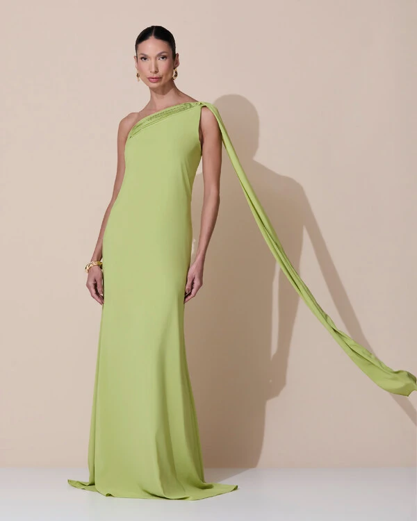 Vestido de Festa Longo Crepe Chiffon Um Ombro Só Drapeado Verde Claro