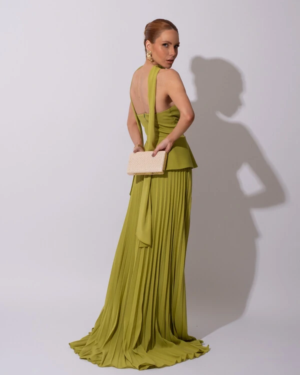 Vestido de Festa Longo Alfaiataria Tomara que Caia Saia Plissada e Lenço Verde Pistache