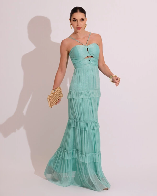 Vestido de Festa Longo Tule com Saia Babado Tiffany