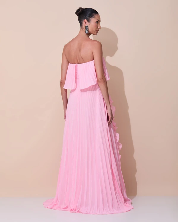 Vestido de Festa Longo Crepe Chiffon Tomara que Caia Plissado com Babado Cascata Rosa Claro