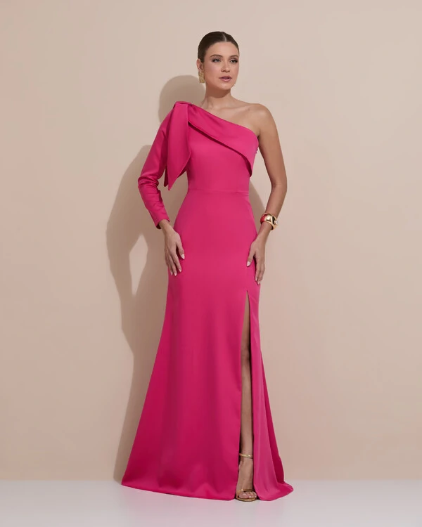 Vestido de Festa com Laço de Um Ombro em Alfaiataria Fenda Pink