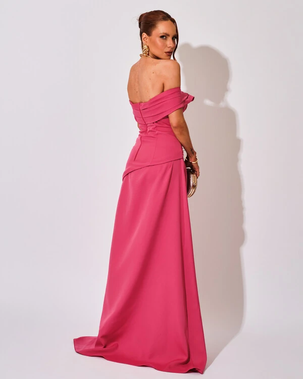 Vestido de Festa Longo Alfaiataria Ombro a Ombro Drapeado com Fenda Pink