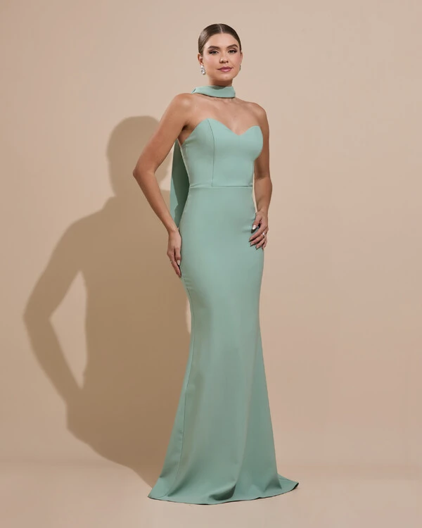 Vestido de Festa Longo Alfaiataria Tomara que Caia Saia Sereia com Lenço Verde Menta