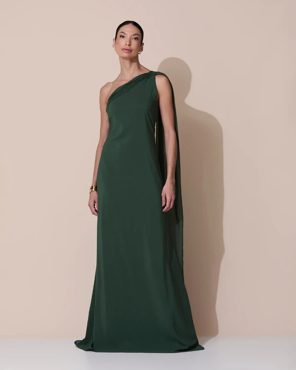 Vestido de Festa Longo Crepe Chiffon Um Ombro Só Drapeado Verde Escuro New