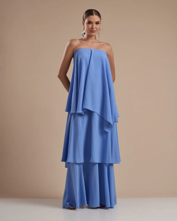 Vestido de Festa Longo Chiffon Crepe em Camadas com Lenço Azul Atlantis