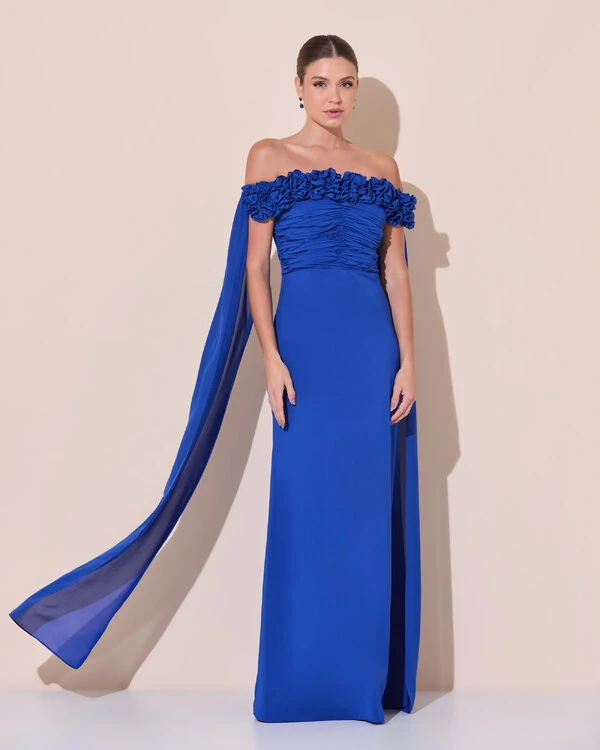 Vestido de Festa Longo Ombro a Ombro Plissado Crepe Chiffon Capa Flor 3D Azul Royal
