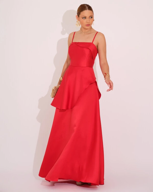 Vestido de Festa Zibeline Tomara que Caia com Recortes e Camadas Vermelho
