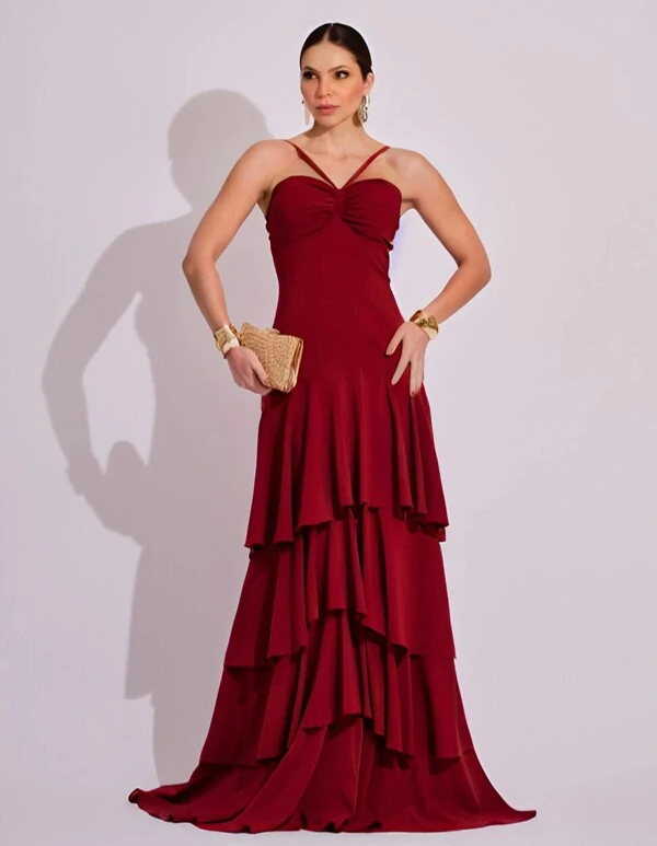 Vestido Longo Crepe com Babado em Camadas Marsala